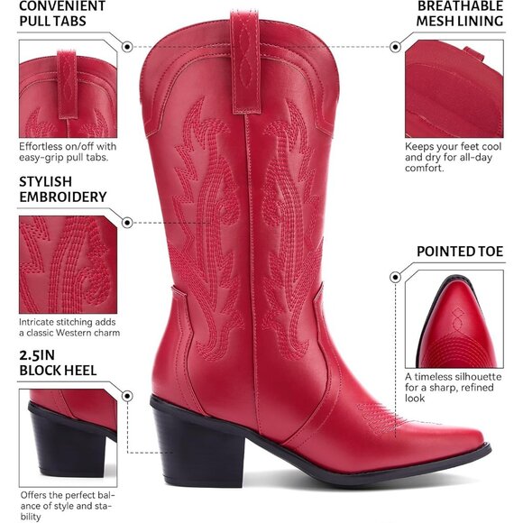 Women's Red Embroidered Pointed Toe Mid Calf Chunky Block Western Heel Boots - Picture 3 of 7